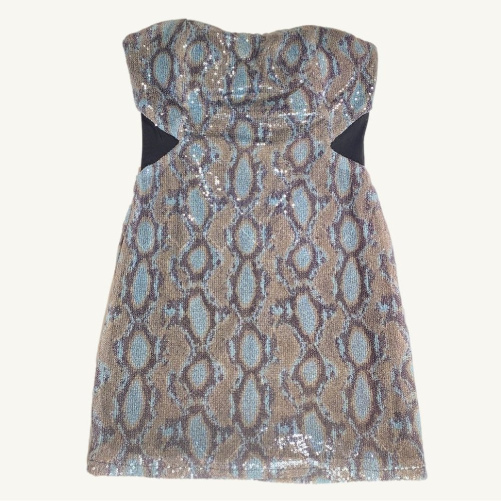 Marineblu Strapless Snake Print Blue & Brown Sequin Mini Dress with Mesh